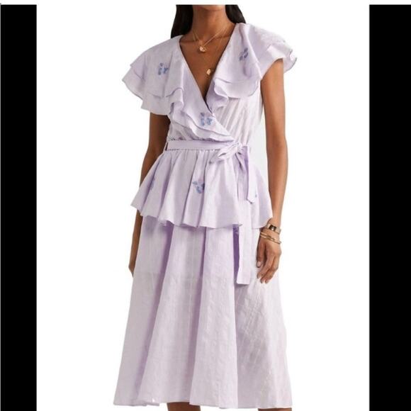 Innika Choo Lavender Pi Furlunche Wrap Ruffled Embroidered Linen Midi Dress - Picture 6 of 16